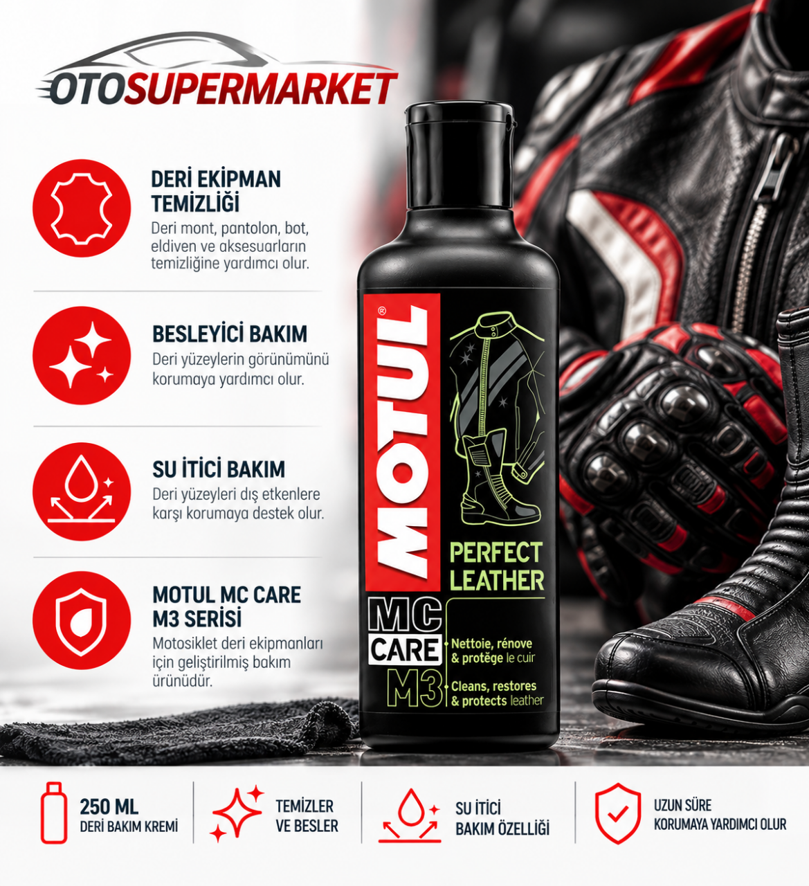 MOTUL M3 Deri Temizleyici ve Bakım Ürünü 250 ML – Deri Mont, Bot ve Eldiven Bakımı