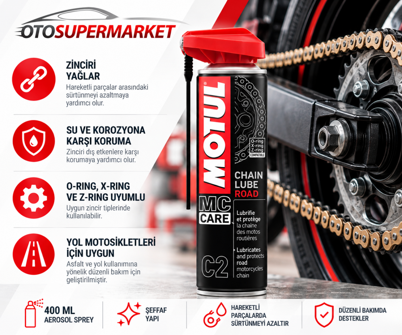 MOTUL C2 Motosiklet Zincir Yağlama Spreyi 400 ML – Zincir Bakımı ve Kullanım Rehberi