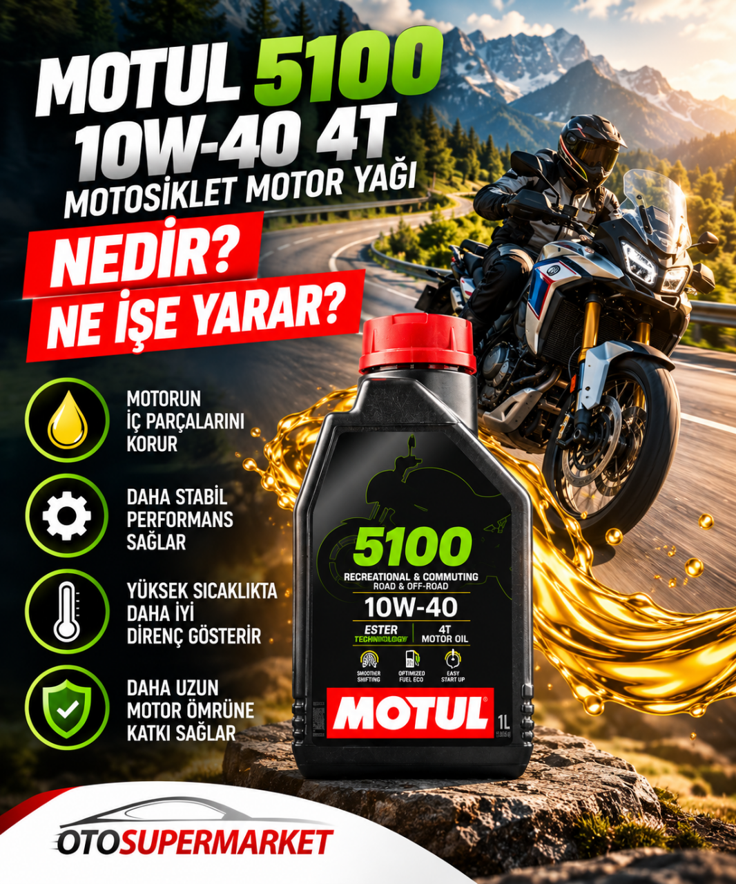 MOTUL 5100 10W40 4T 1 Litre Motosiklet Motor Yağı Nedir? Ne İşe Yarar?