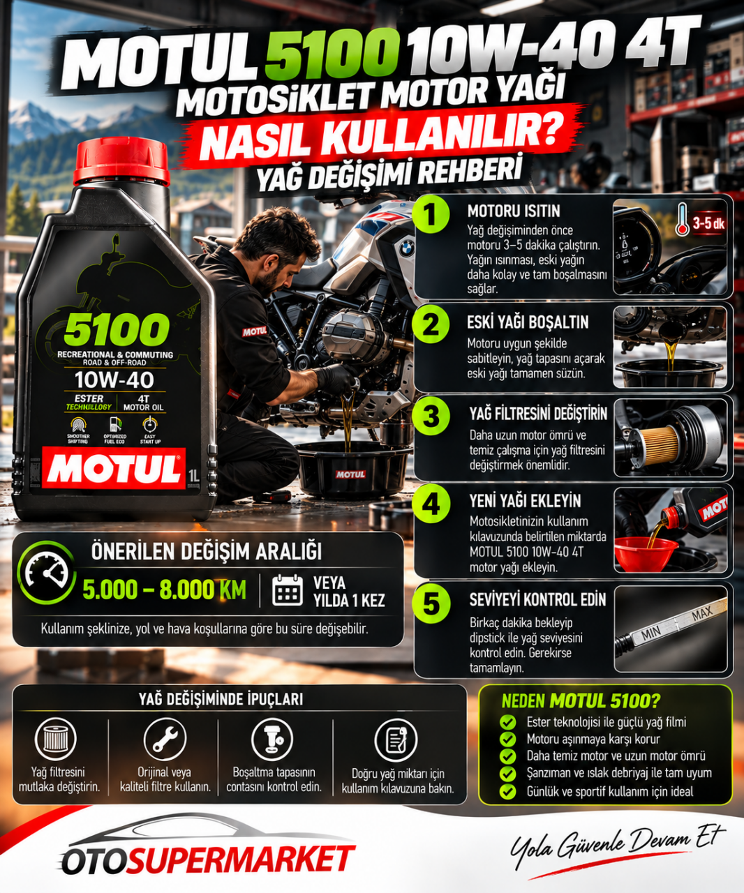 MOTUL 5100 10W40 4T 1 Litre Motosiklet Motor Yağı Nasıl Kullanılır? Yağ Değişimi Rehberi