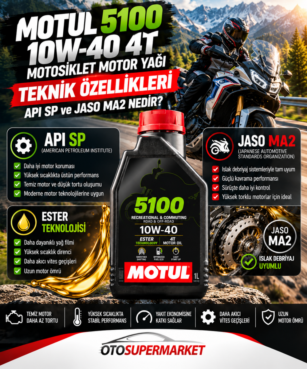 MOTUL 5100 10W40 4T 1 Litre Motosiklet Motor Yağı Teknik Özellikleri: API SP ve JASO MA2 Nedir?