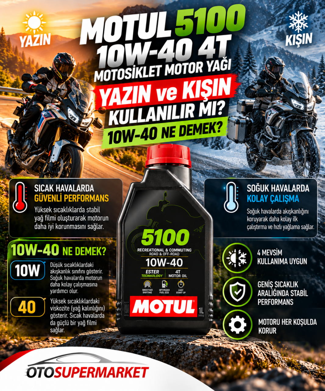 MOTUL 5100 10W40 4T 1 Litre Motosiklet Motor Yağı Yazın ve Kışın Kullanılır mı? 10W-40 Ne Demek?