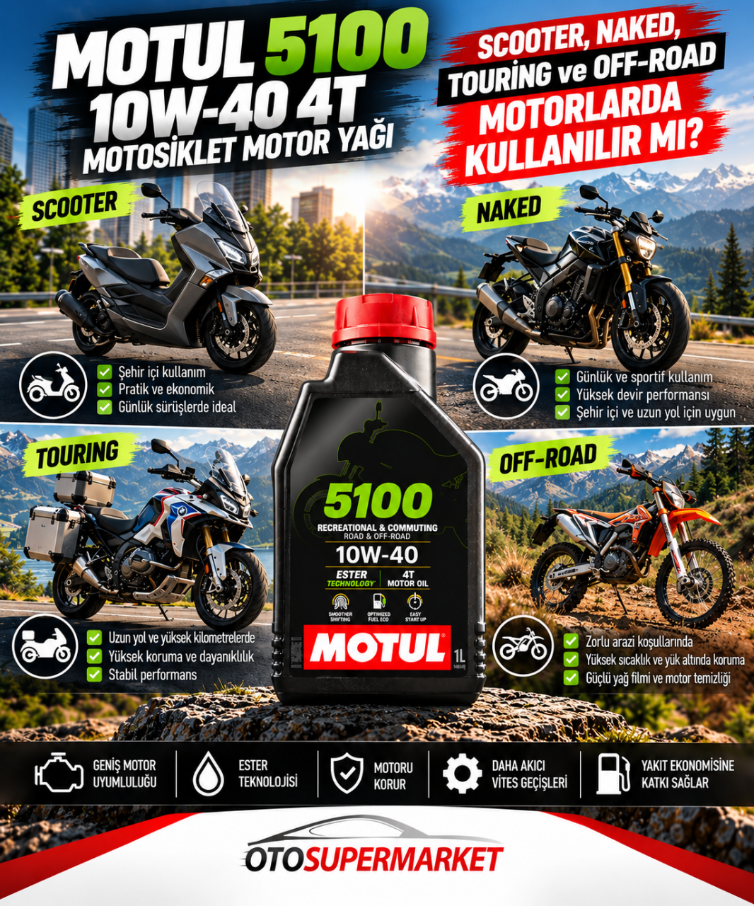 MOTUL 5100 10W40 4T 1 Litre Motosiklet Motor Yağı Scooter, Naked, Touring ve Off-Road Motorlarda Kullanılır mı?