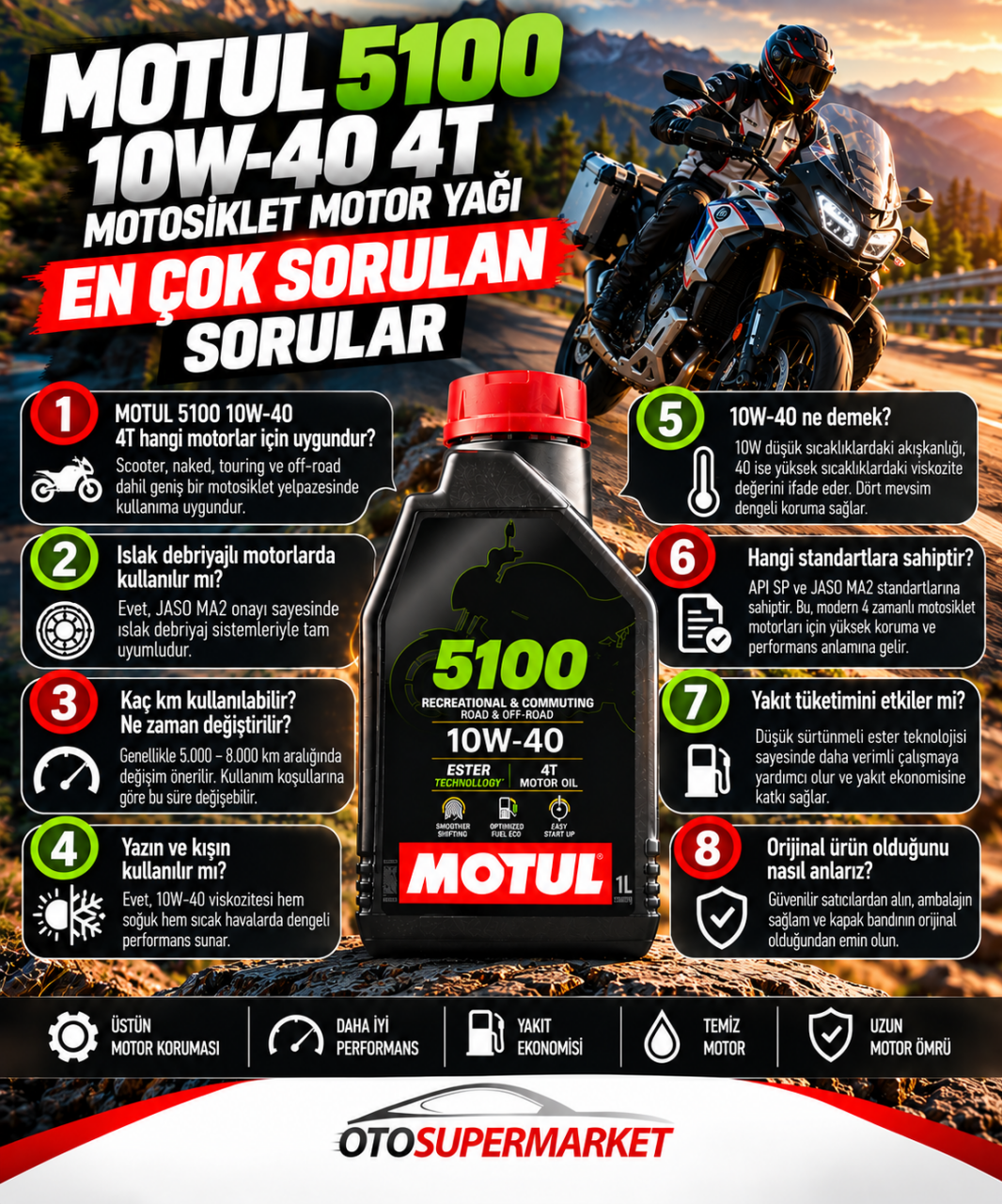 MOTUL 5100 10W40 4T 1 Litre Motosiklet Motor Yağı Hakkında En Çok Sorulan Sorular