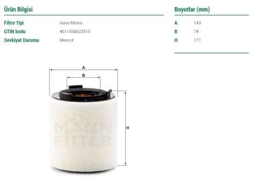 Audi A1 Hava Filtresi 1.6 TDI 105 Beygir 2010-2018 MANN