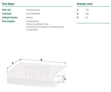 Hyundai Kona EV Elektrik Polen Filtresi 2018 Sonrası MANN