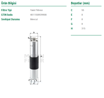 BMW 3 Serisi E46 Benzin Filtresi 316i 115 Beygir 1999-2005 MANN