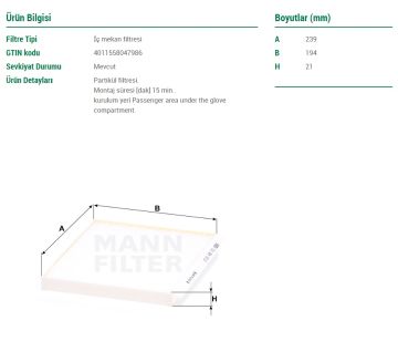 Kia Ceed Polen Filtresi 1.6 CRDi 136 Beygir 2018 Sonrası MANN