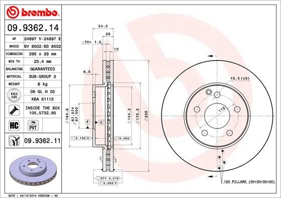 Mercedes 211 Kasa E200 / E220 / E270 Ön Fren Diski Havalı 296 mm BREMBO