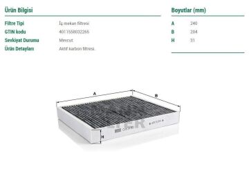 Opel Mokka Karbonlu Polen Filtresi 1.6 Benzinli 115 Beygir Şase F00001 Sonrası 2012-2020 MANN