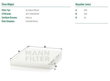 Volkswagen Bora Polen Filtresi 1.9 TDI 90 Beygir 1999-2006 MANN