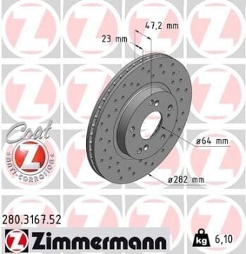 Honda CR-V Performanslı Ön Fren Diski Küçük Tip 282 mm Çap Delikli 2002-2006 ZIMMERMANN