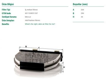 Mercedes E Serisi W212 Kasa E220 CDI Aktif Karbonlu Polen Filtresi 2.2 170 Beygir 2009-2015 MANN