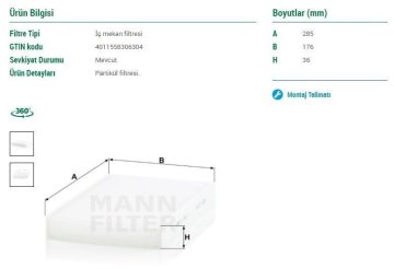 Citroen C2 Polen Filtresi Karbonsuz 1.6 VTS 122 Beygir 2004-2009 MANN