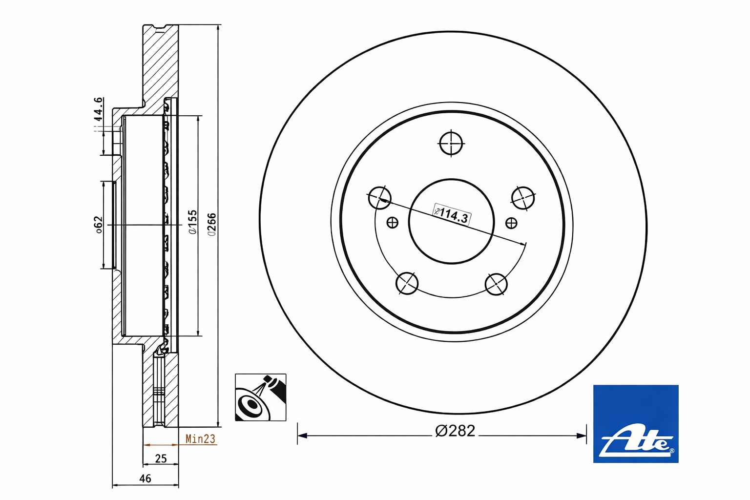 Toyota Corolla E21 Kasa Ön Fren Diski 1.2 T 116 Beygir 282 mm Çap 2018 Sonrası ATE ORIGINAL
