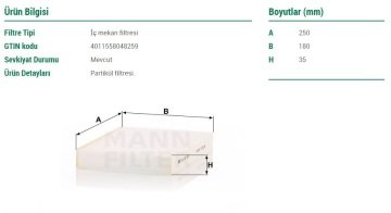 Nissan Qashqai J11 Polen Filtresi 1.2 DIG-T 115 Beygir 2014-2021 MANN